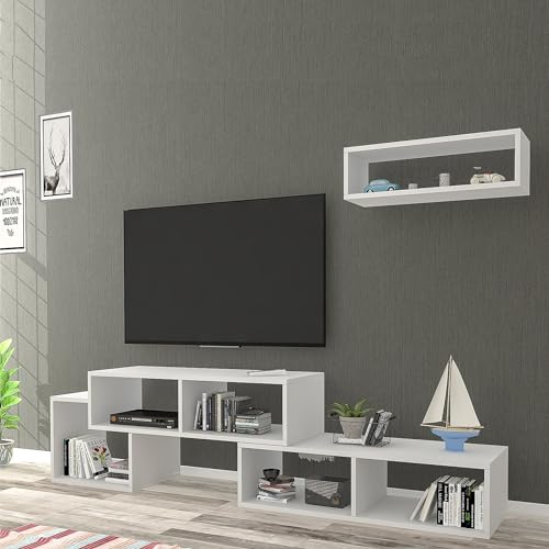 [en.casa] Fernsehtisch Malvik mit Wandregal TV Bank 2er Set offener Fernsehschrank mit 5 Fächern Fernsehregal für Wohnzimmer 170 x 29,5 x 42 cm Weiß von [en.casa]