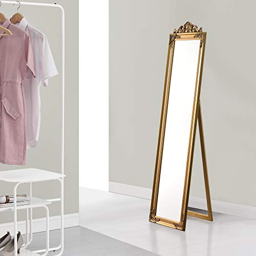 [en.casa] Ganzkörperspiegel Arezzo Standspiegel mit Rahmen aus Eukalyptusholz 140 x 29 cm neigbar Bodenspiegel zum Aufstellen Schlafzimmer Barock-Stil Flurspiegel Goldfarben von [en.casa]