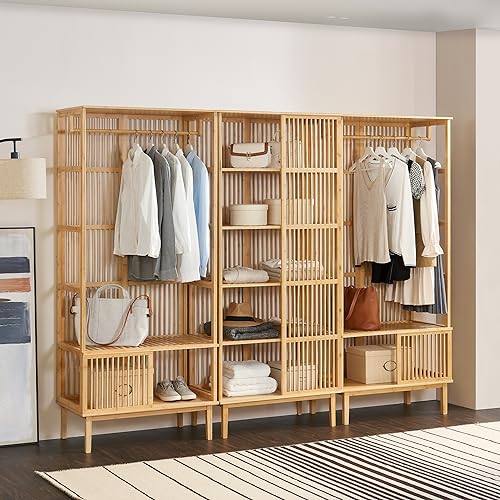 [en.casa] Garderobenset Trundholm + Vemb 185 x 240 x 45 cm aus Bambus 1 x Standregal mit 5 Ablagefächern und 2 x Garderobenständer für Flur Schlafzimmer Wohnzimmer von [en.casa]