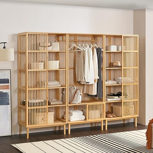 [en.casa] Garderobenset Trundholm + Vemb 185 x 240 x 45 cm aus Bambus 2 x Standregal mit 5 Ablagefächern und 1 x Garderobenständer für Flur Schlafzimmer Wohnzimmer von [en.casa]