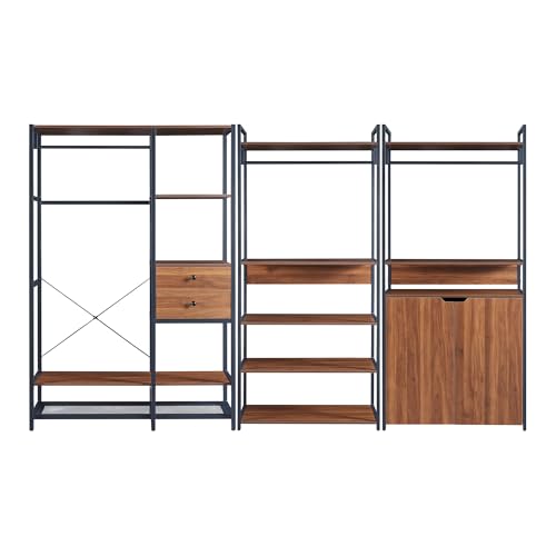 [en.casa] Garderobenständer 3er Set Larem Kleiderständer mit Metallgestell 2 Schubladen 7 Ablagen 1 Schrank offener Kleiderschrank mit 3 Kleiderstangen Standgarderoben Flurgarderoben Walnussoptik von [en.casa]
