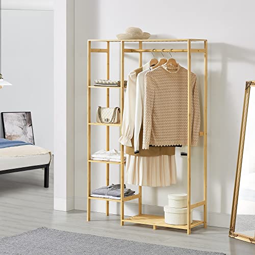 [en.casa] Garderobenständer Eurajoki 139x100x40 cm Kleiderständer mit Garderobenstange 4 Ablagefächern 2 Ablageflächen offene Garderobe Bambus Natur von [en.casa]