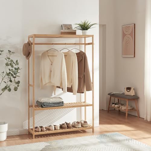 [en.casa] Garderobenständer Herøy Kleiderständer aus Bambus Flurgarderobe mit zwei Ablagen und Haken Kleiderregal mit Kleiderstange Offener Kleiderschrank 165x100x35cm Natur von [en.casa]