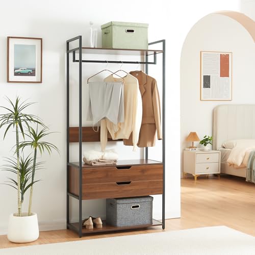 [en.casa] Garderobenständer Larem Kleiderständer mit 2 Schubladen Metallgestell 180 x 84 x 40 cm offener Kleiderschrank mit Kleiderstange Standgarderobe Flurgarderobe mit 2 Ablagen Walnussoptik von [en.casa]