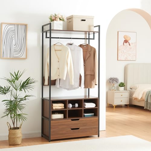 [en.casa] Garderobenständer Larem Kleiderständer mit 6 Fächern Metallgestell 180 x 84 x 40 cm offener Kleiderschrank mit Kleiderstange Standgarderobe Flurgarderobe mit Einer Ablage Walnussoptik von [en.casa]