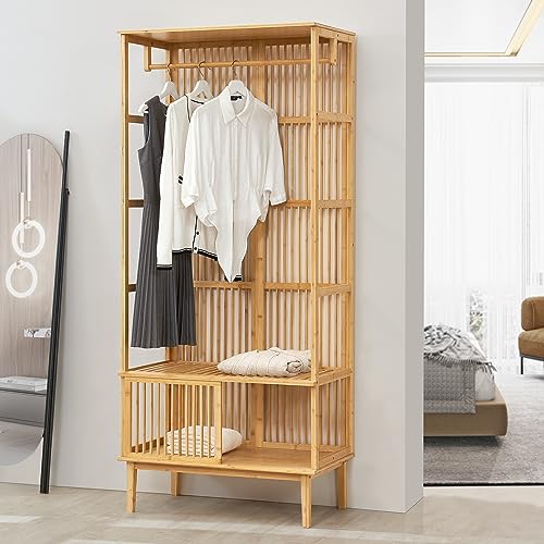 [en.casa] Garderobenständer Vemb mit Kleiderstange und Ablagefach 185x80x45cm Kleiderständer aus Bambus Standgarderobe von [en.casa]