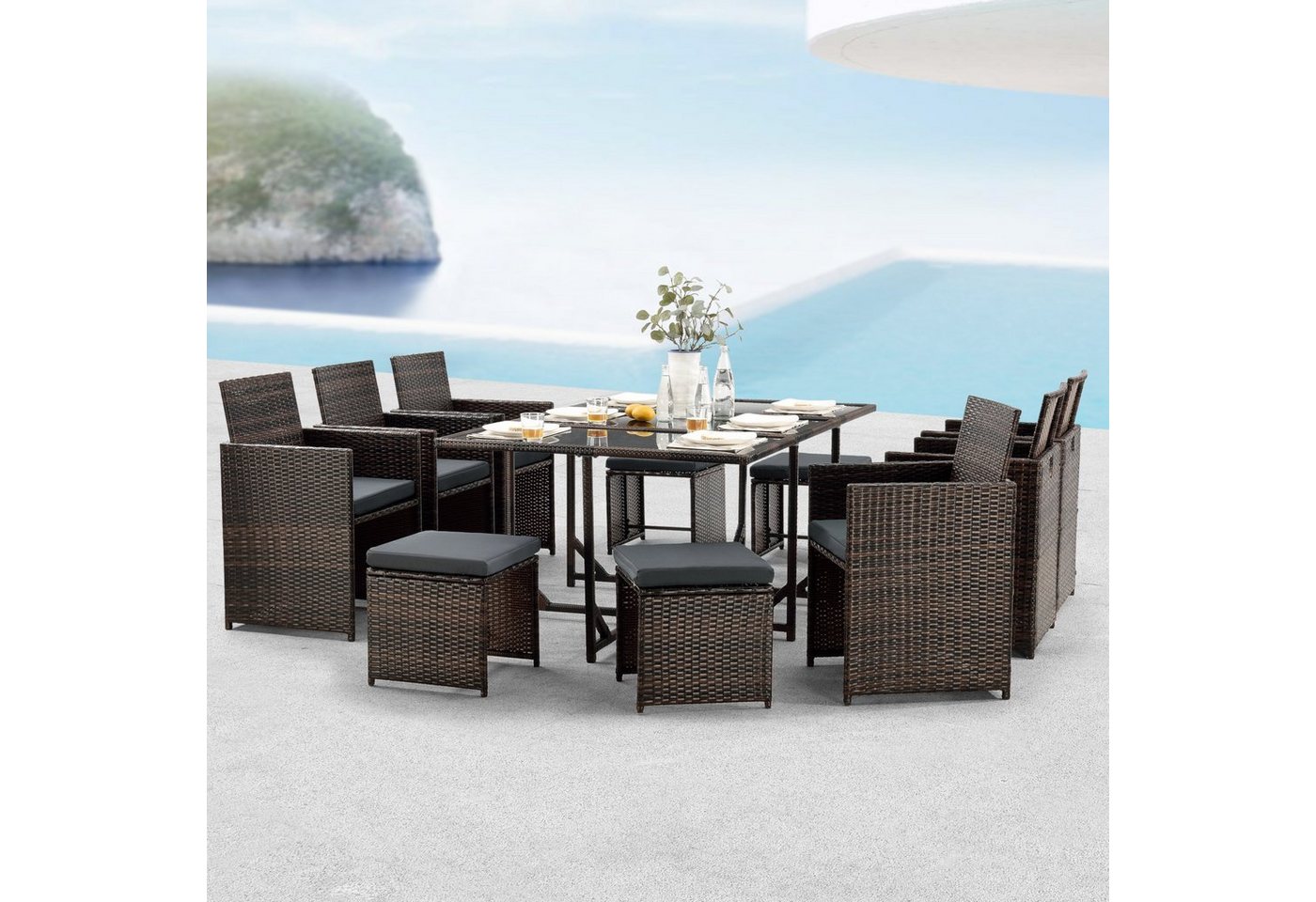 en.casa Gartenlounge-Set, (3-tlg., Esstisch mit 6 Stühlen und 4 Hockern), »Laredo« Sitzgruppe Tisch 6x Stuhl 4x Hocker Polyrattan Braun meliert von en.casa