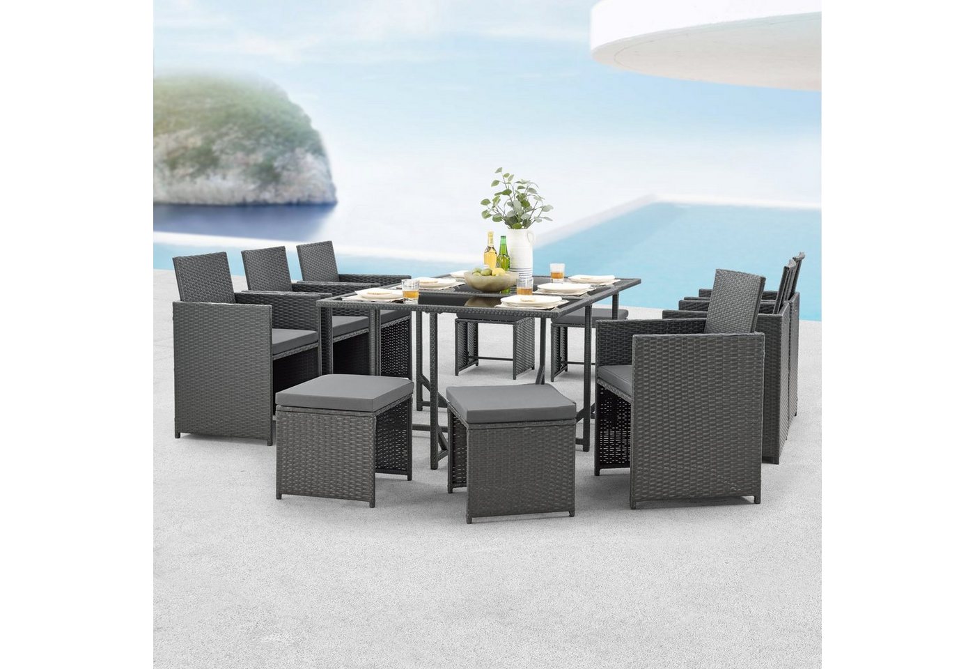 en.casa Gartenlounge-Set, (3-tlg., Esstisch mit 6 Stühlen und 4 Hockern), »Laredo« Sitzgruppe Tisch 6x Stuhl 4x Hocker Polyrattan Dunkelgrau von en.casa