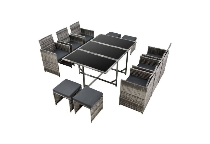 en.casa Gartenlounge-Set, (3-tlg., Esstisch mit 6 Stühlen und 4 Hockern), »Laredo« Sitzgruppe Tisch 6x Stuhl 4x Hocker Polyrattan Grau meliert von en.casa