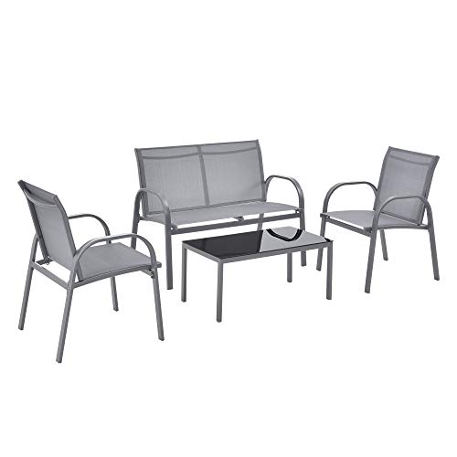 [en.casa] Gartenmöbel-Set 4-Teilig Sitzgruppe von 2 Stühle mit Sitzbank und Couchtisch Lounge-Set Terassenmöbel Garnitur Hellgrau von [en.casa]