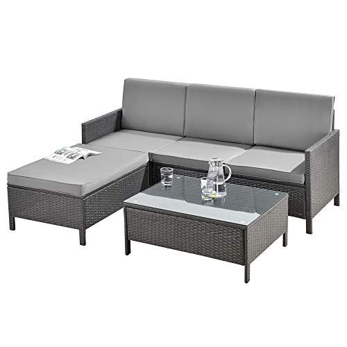 [en.casa] Gartenmöbelset Rattan 3-TLG. Rattan-Möbel Sitzgruppe Gartenlounge Loungeset Polyrattan Dunkel-/Hellgrau von [en.casa]
