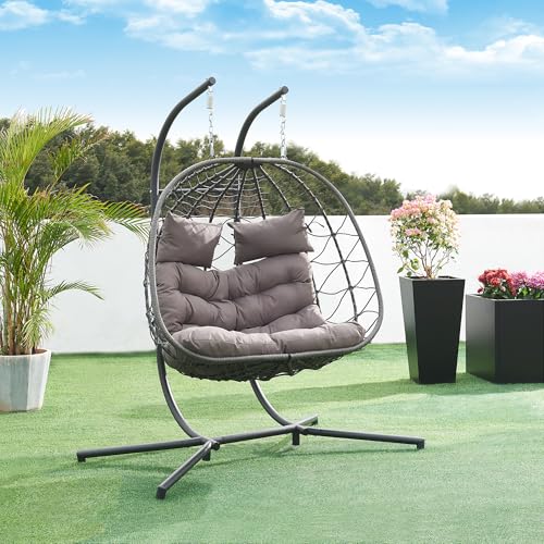 [en.casa] Hängesessel mit Gestell Skense für 2 Personen Outdoor Schaukelsessel mit Kissen max. 220 kg Balkon Indoor Hängeschaukel Polyrattan Hängestuhl Grau von [en.casa]