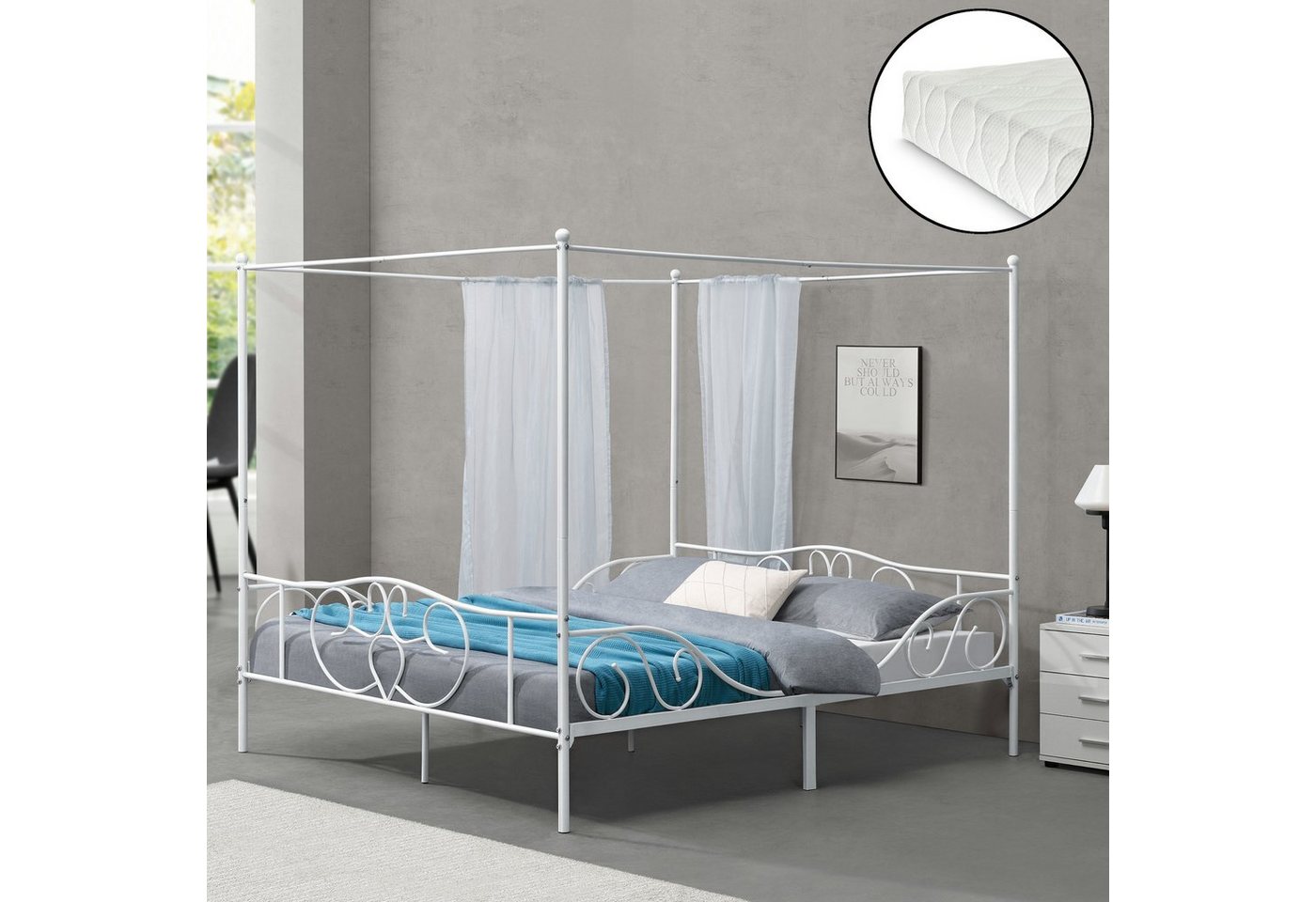 en.casa Himmelbett, »Finström« Doppelbett aus Stahl 180x200 cm mit Matratze Weiß von en.casa
