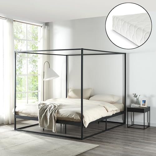[en.casa] Himmelbett Kristianstad mit Matratze 180 x 200 cm Metallbett Doppelbett Bettgestell mit Lattenrost Bettrahmen Ehebett Schwarz von [en.casa]