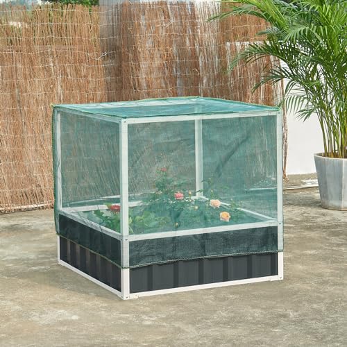 [en.casa] Hochbeet Alblasserdam Blumenbeet mit Abdeckung 90 x 90 x 88 cm Gartenbeet mit Netz Handschuhe Gewächshaus für Garten Metall Kräuterbeet Anthrazit von [en.casa]