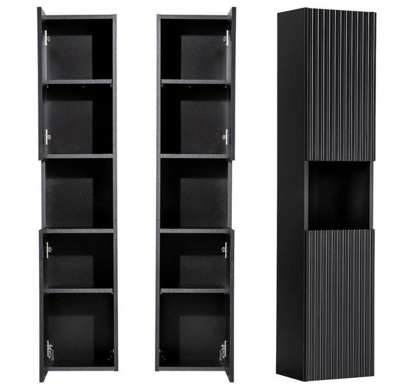 en.casa Hochschrank »Skelbolu« mit 2 Türen gerillt 140 x 30 x 25 cm Schwarz von en.casa