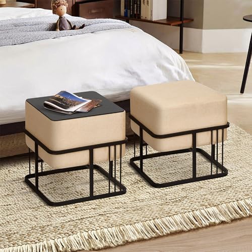 [en.casa] Hocker Tas multifunktionaler Sitzhocker 2er Set stapelbar Ottoman Beistelltisch quadratisch 38 x 38 x 38 cm Fußhocker gepolstert Pouf Beige von [en.casa]