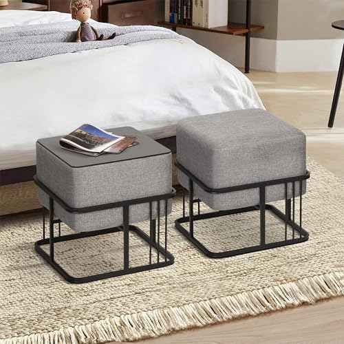 [en.casa] Hocker Tas multifunktionaler Sitzhocker 2er Set stapelbar Ottoman Beistelltisch quadratisch 38 x 38 x 38 cm Fußhocker gepolstert Pouf Hellgrau von [en.casa]