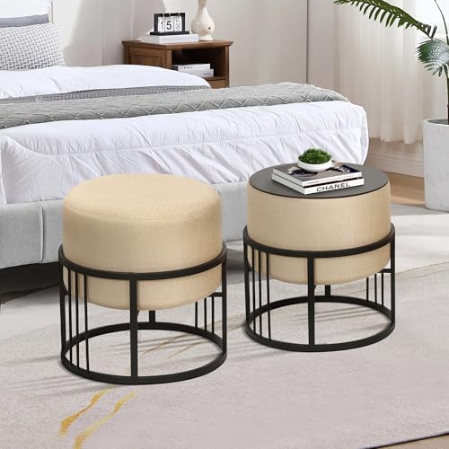[en.casa] Hocker Tas multifunktionaler Sitzhocker 2er Set stapelbar Ottoman Beistelltisch rund 38 x 38 cm Fußhocker gepolstert Pouf Beige von [en.casa]