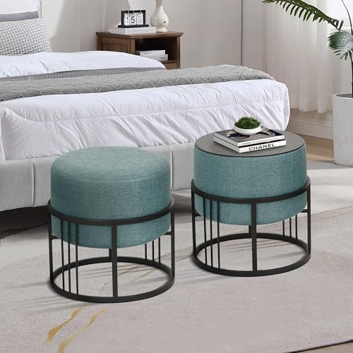 [en.casa] Hocker Tas multifunktionaler Sitzhocker 2er Set stapelbar Ottoman Beistelltisch rund 38 x 38 cm Fußhocker gepolstert Pouf Grün von [en.casa]