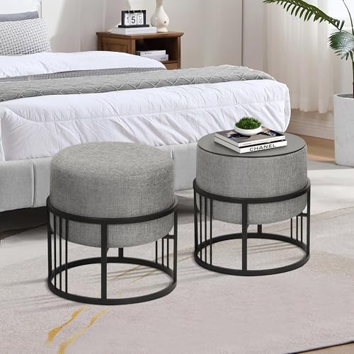 [en.casa] Hocker Tas multifunktionaler Sitzhocker 2er Set stapelbar Ottoman Beistelltisch rund 38 x 38 cm Fußhocker gepolstert Pouf Hellgrau von [en.casa]