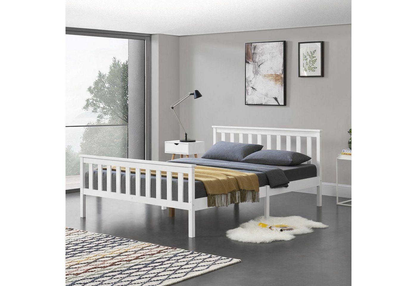 en.casa Holzbett, »Breda« Ehebett Doppelbett mit Lattenrost 160x200 cm Weiß von en.casa