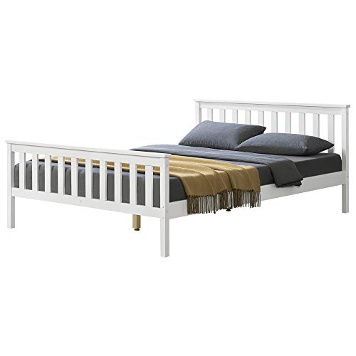 [en.casa] Holzbett 140x200cm Weiß mit Hohem Kopfteil und Lattenrost Bettgestell Bett Kiefernholz Doppelbett Jugendbett von [en.casa]