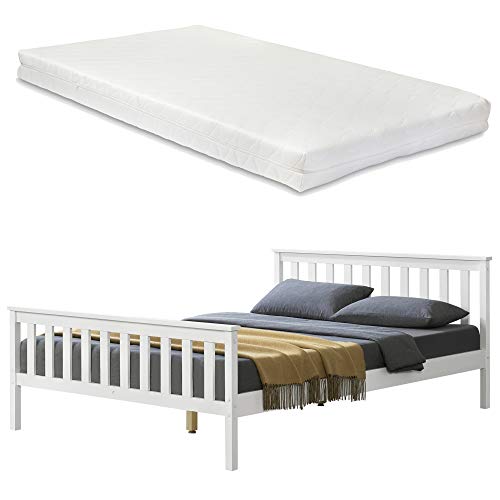 [en.casa] Holzbett Hellnar mit Matratze 140x200cm mit Hohem Kopfteil und Lattenrost Weiß Bett mit Kaltschaummatratze ÖKO-Tex 100 Kiefernholz Doppelbett Jugendbett von [en.casa]