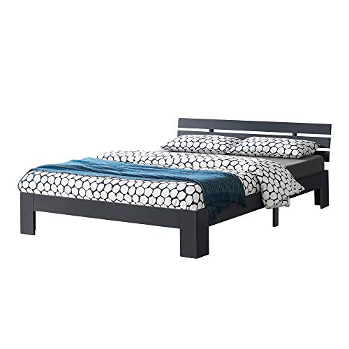 [en.casa] Holzbett Nivala mit Kopfteil und Lattenrost 140x200 cm Bettgestell bis 150 kg Jugendbett Gästebett Bettrahmen Kiefernholz Dunkelgrau von [en.casa]