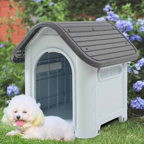 [en.casa] Hundehütte Outdoor Bello Hundehöhle wetterfest Hundehaus mit Lüftungsschlitzen 75 x 59 x 66 cm Kleintierhaus erhöhter Boden Kunststoff Weiß/Grau von [en.casa]