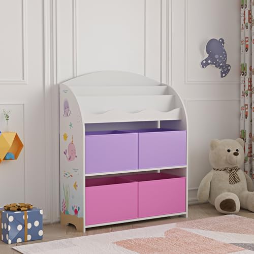 [en.casa] Kinder Bücherregal Orust Kinderregal mit Ozean Motiv Spielzeug Aufbewahrung 97,5 x 82,5 x 29,5 cm Kinderzimmer Regal mit 4 Aufbewahrungsboxen Weiß/Rosa/Lila von [en.casa]