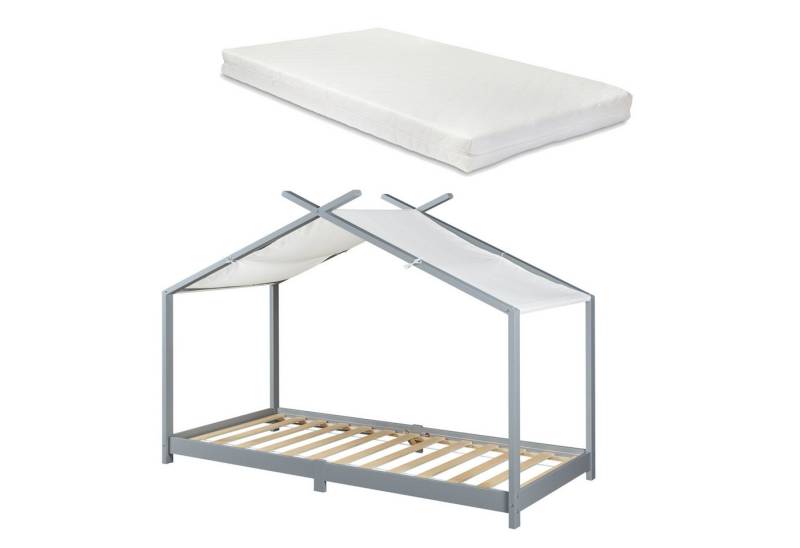 en.casa Kinderbett, »Brome« Hausbett mit Matratze 90 x 200 cm Holz Grau von en.casa