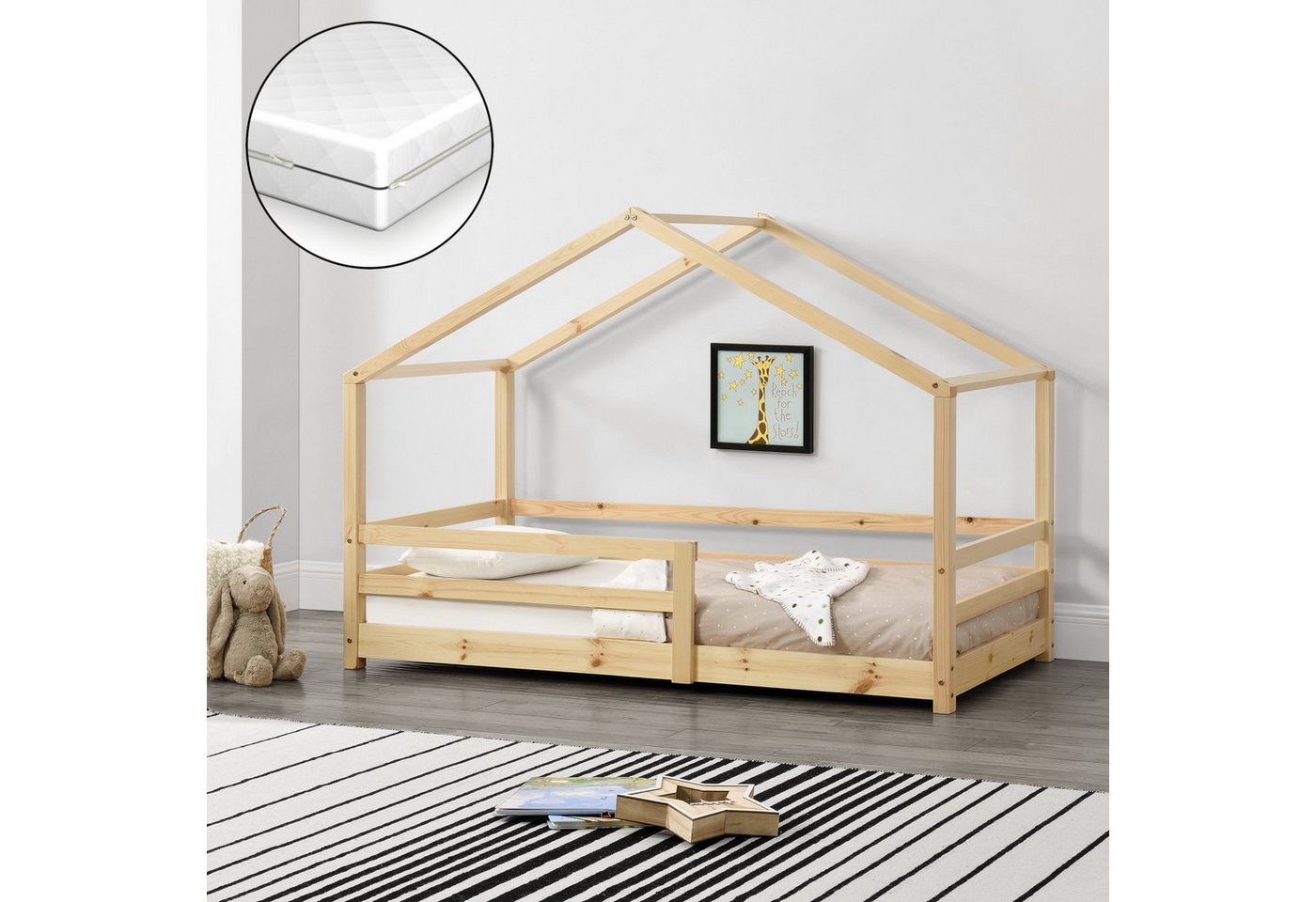 en.casa Kinderbett, »Knätten« Hausbett mit Matratze 80x160cm Kiefernholz Naturholz von en.casa