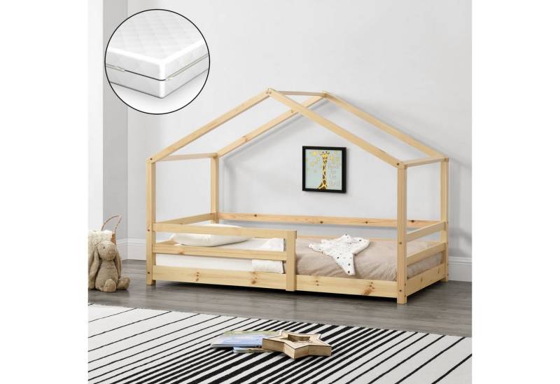 en.casa Kinderbett, »Knätten« Hausbett mit Matratze 80x160cm Kiefernholz Naturholz von en.casa