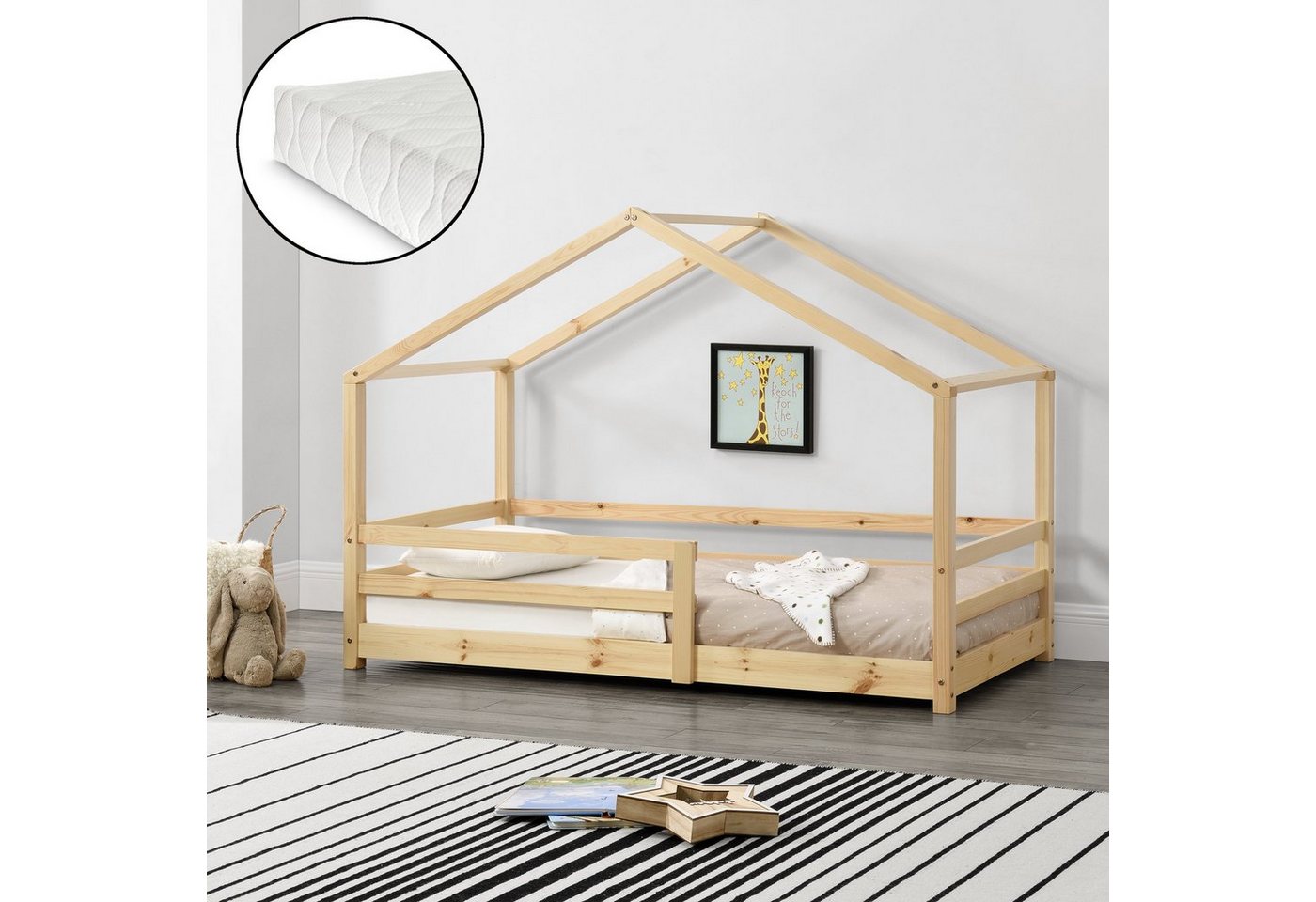 en.casa Kinderbett, »Knätten« Hausbett mit Matratze 90x200cm Kiefernholz Naturholz von en.casa