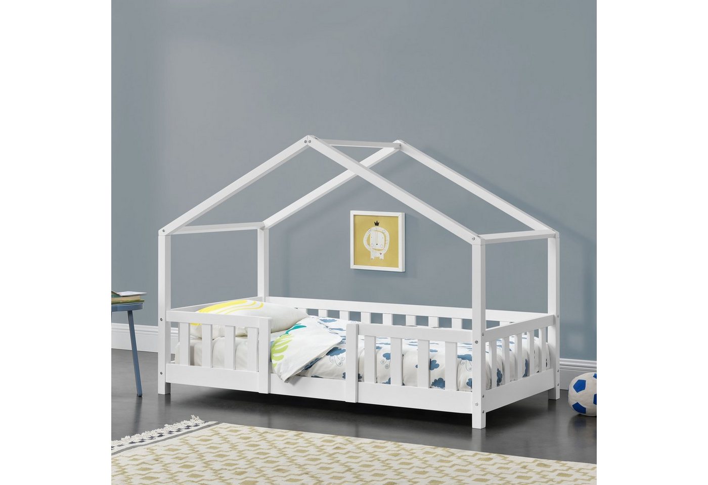 en.casa Kinderbett, »Treviolo« Haus-Optik mit Rausfallschutz 70x140 cm Weiß von en.casa
