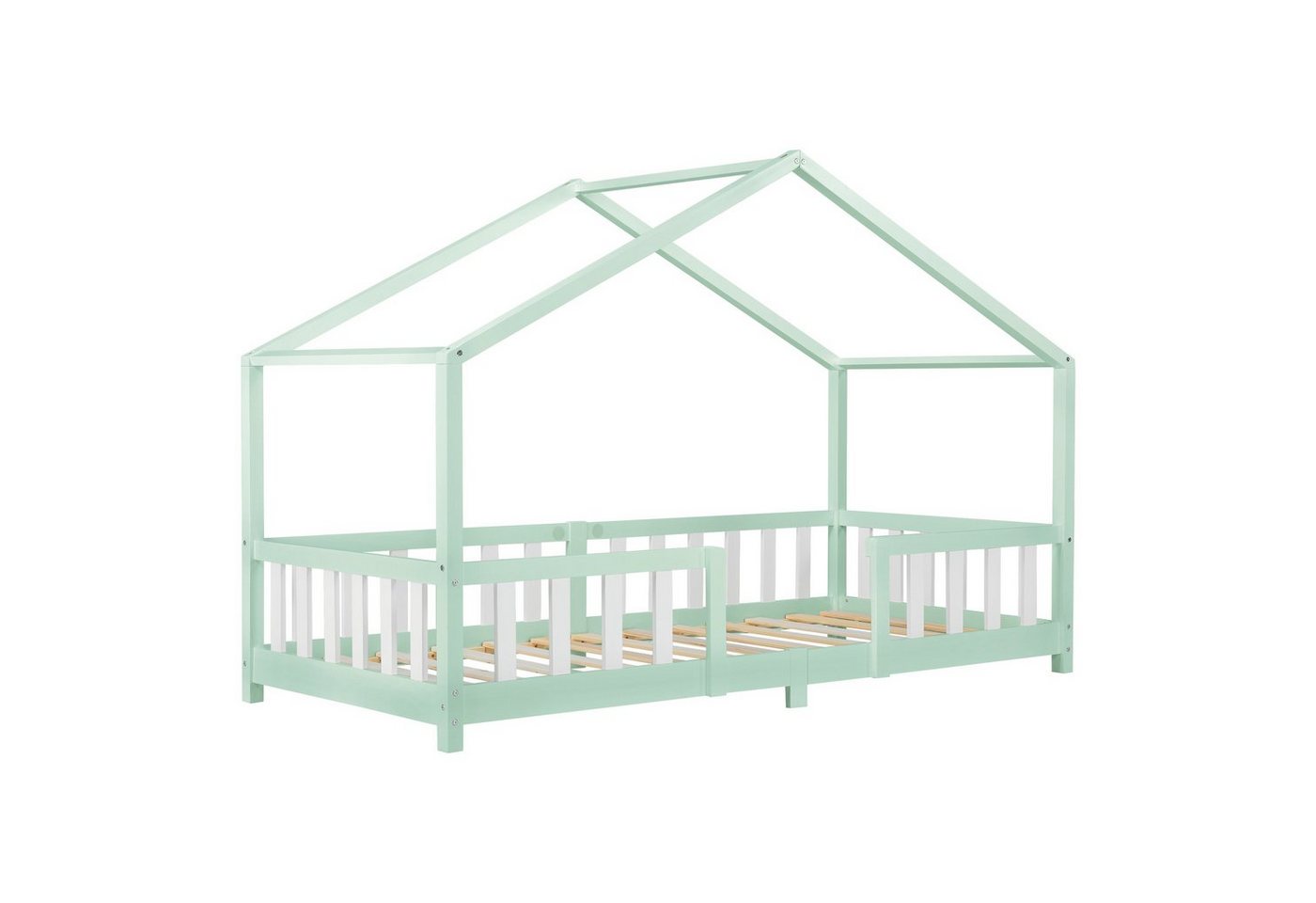 en.casa Kinderbett, »Treviolo« Haus-Optik mit Rausfallschutz 90x200 cm Mintgrün/Weiß von en.casa
