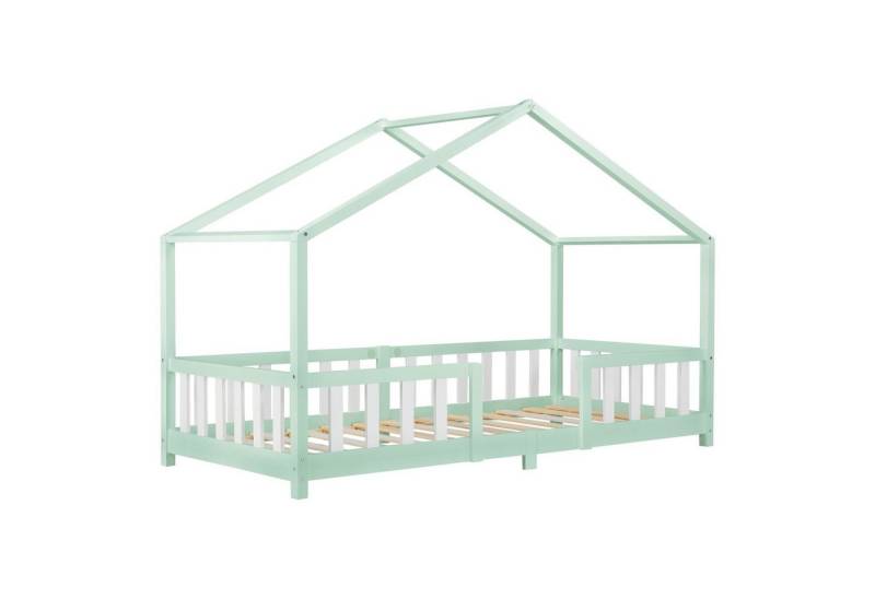 en.casa Kinderbett, »Treviolo« Haus-Optik mit Rausfallschutz 90x200 cm Mintgrün/Weiß von en.casa