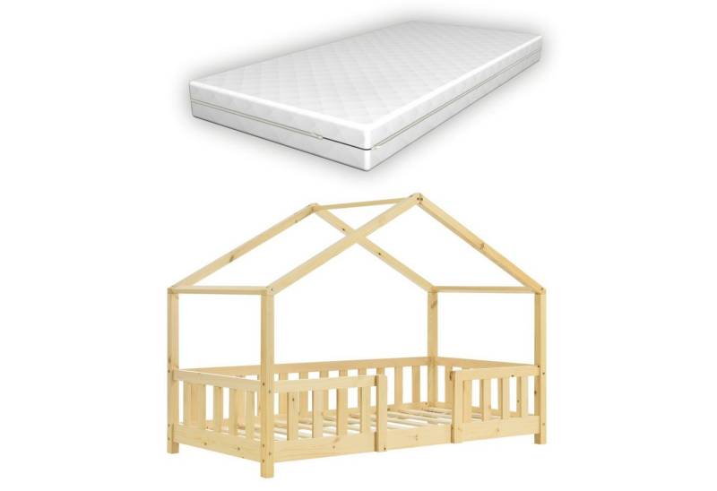 en.casa Kinderbett (Bett und Matratze), »Treviolo« Hausbett mit Matratze Natur 70x140 cm von en.casa