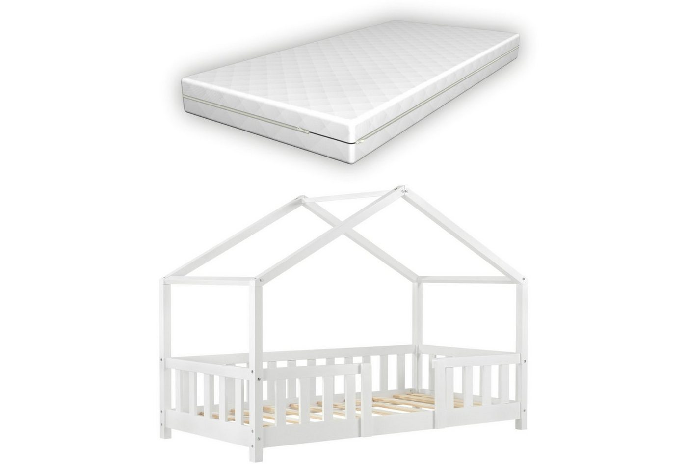 en.casa Kinderbett (Bett und Matratzen), »Treviolo« Hausbett mit Matratze Weiß 70x140 cm von en.casa