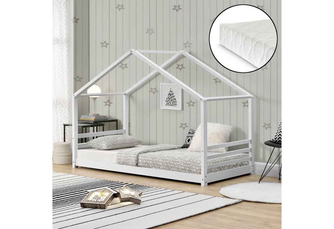 en.casa Kinderbett, »Vardø« Hausbett mit Kaltschaummatratze 90x200cm Weiß von en.casa
