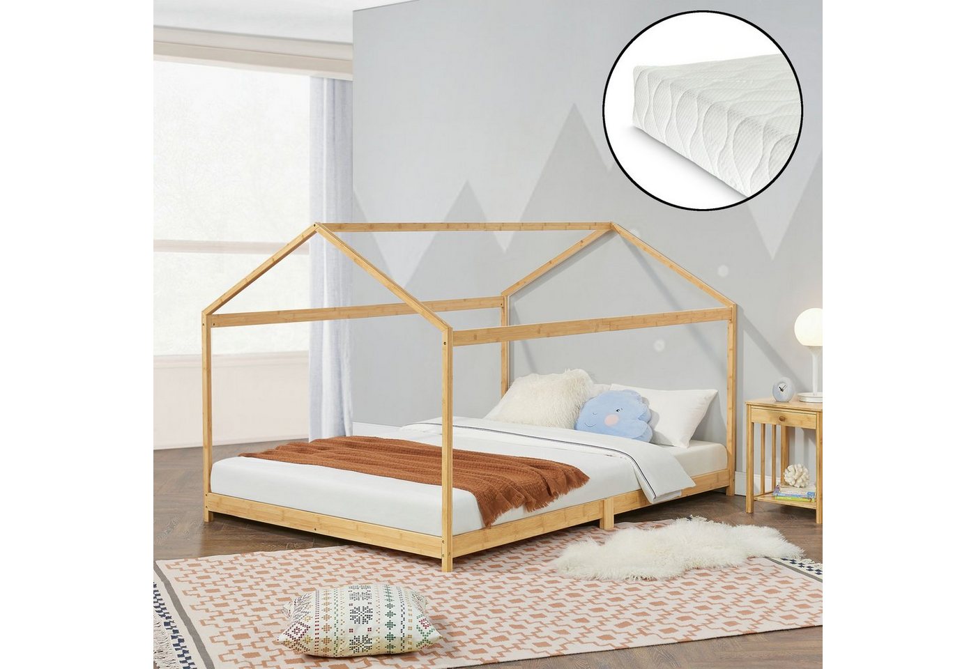 en.casa Kinderbett (2-tlg., Bett und Matratze), »Vindafjord« Hausbett Haus-Optik Bambus und Matratze 140x200 cm von en.casa