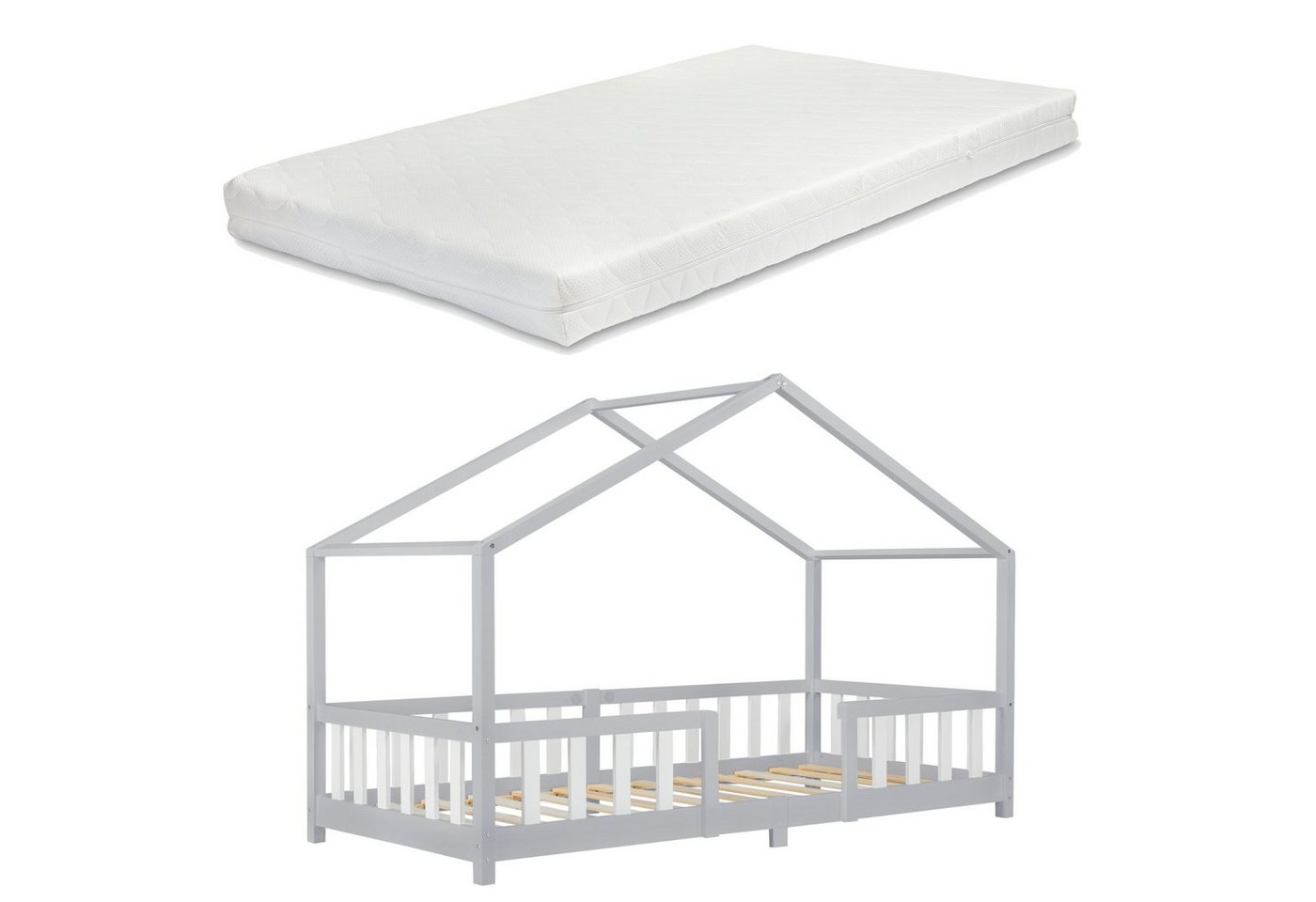 en.casa Kinderbett (Bett und Matratzen), »Treviolo« Hausbett mit Matratze Hellgrau / Weiß 90x200 cm von en.casa