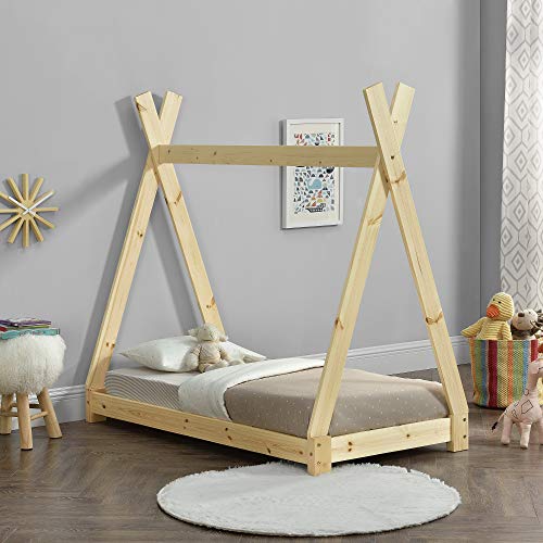 [en.casa] Kinderbett 70x140cm Natur Holz im Tipi Design aus Kiefernholz Jugendbett Bett Holzbett Hausbett von [en.casa]