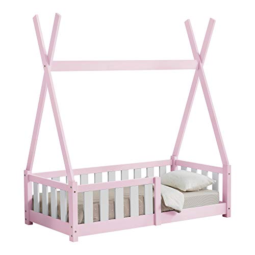 [en.casa] Kinderbett Helsingborg 70 x 140 cm mit Rausfallschutz Lattenrost Tipi Zelt Jugendbett Bettgestell Kiefernholz Holzbett für Kinder Rosa von [en.casa]