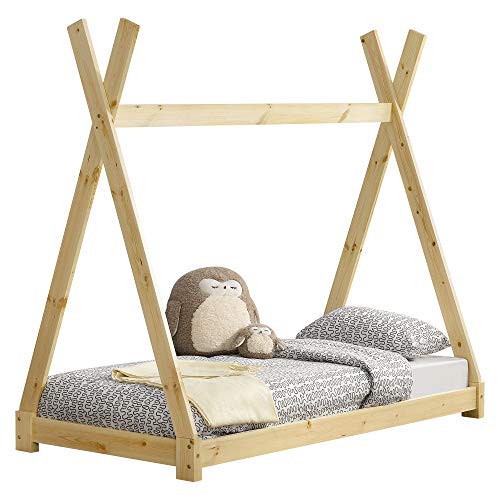 [en.casa] Kinderbett 80x160cm Natur Holz im Tipi Design aus Kiefernholz Jugendbett Bett Holzbett Hausbett von [en.casa]