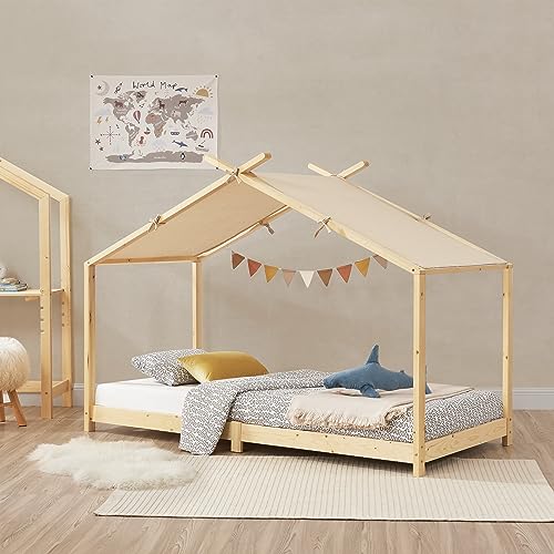 [en.casa] Kinderbett Brome Hausbett Jugendbett Bettenhaus Spielbett Lattenrost & Abnehmbares Stoffdach Montessori Bett aus massiver Kiefer Bettgestell Holz 90x200cm Natur von [en.casa]