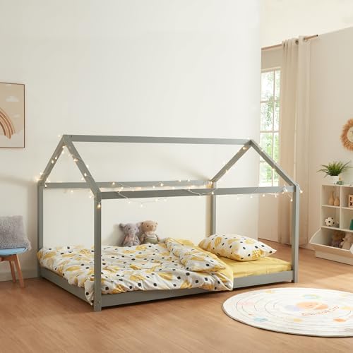 [en.casa] Kinderbett Cerro Hausbett Jugendbett Bett in Haus-Optik Montessori Bett aus massiver Kiefer Bettgestell mit Lattenrost Grau 120x200cm von [en.casa]