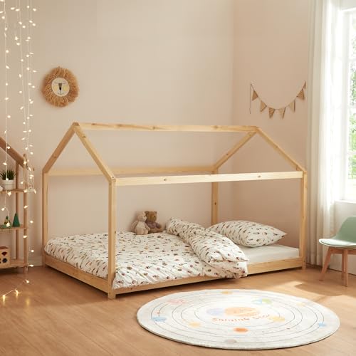 [en.casa] Kinderbett Cerro Hausbett Jugendbett Bett in Haus-Optik Montessori Bett aus massiver Kiefer Bettgestell mit Lattenrost Holzfarben 120x200cm von [en.casa]