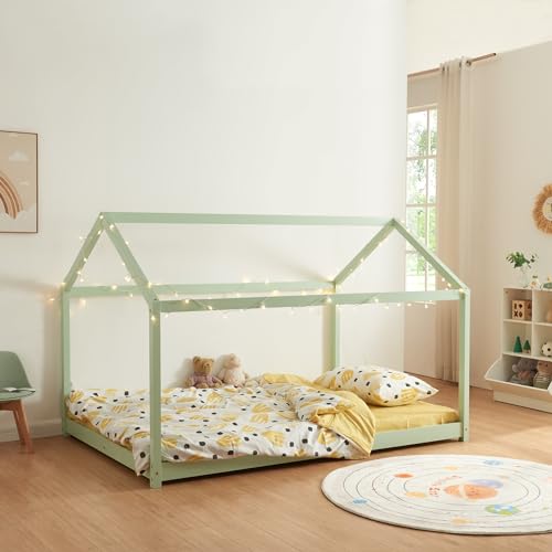 [en.casa] Kinderbett Cerro Hausbett Jugendbett Bett in Haus-Optik Montessori Bett aus massiver Kiefer Bettgestell mit Lattenrost Mintgrün 120x200cm von [en.casa]